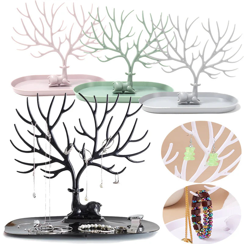Creative Deer Art Jewelry Holder Stand With Tray Base