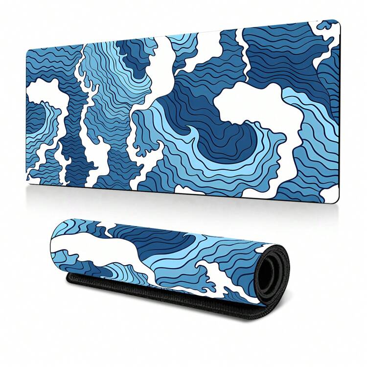 Blue Wave Pattern Desk Mat With Rubber Anti-Slip Base (35.4 x 15.7 In)