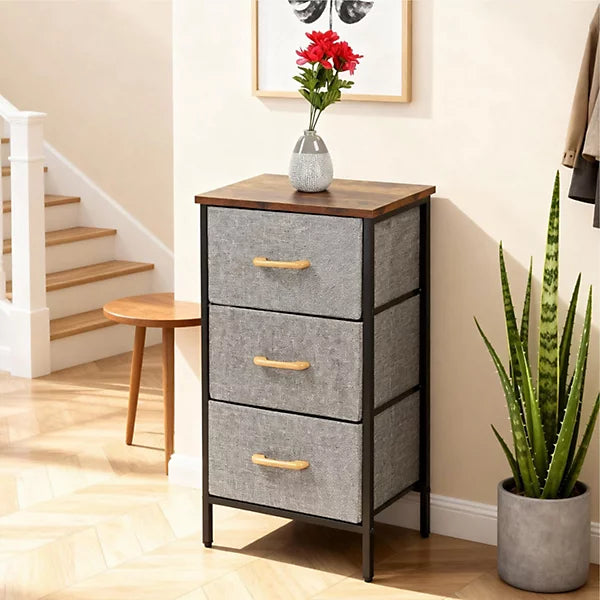 Modern 3 Drawer Fabric Storage Unit – Wood Top & Metal Frame