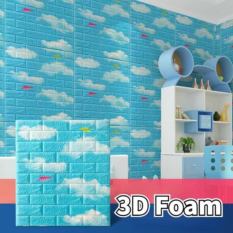 Blue Cloud Print Wall Sticker – Brick Pattern Room Decor