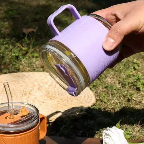 Clear Glass Coffee Cup with Straw & Handle
