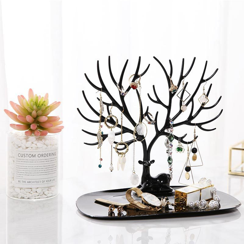 Creative Deer Art Jewelry Holder Stand With Tray Base