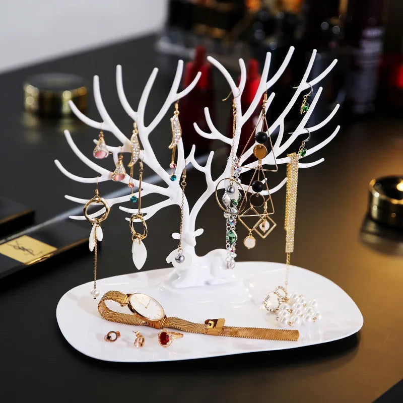 Creative Deer Art Jewelry Holder Stand With Tray Base