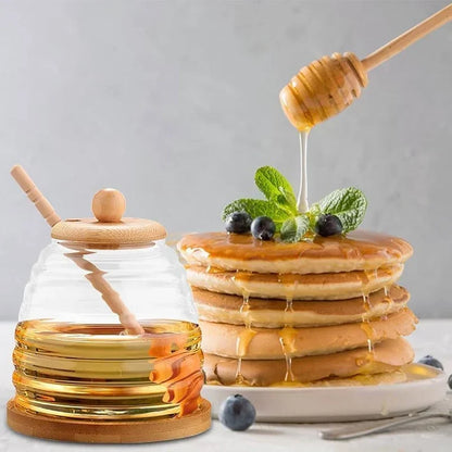 Glass Honey Dispenser – Honey Jar with Wooden Lid and Serving Spoon
