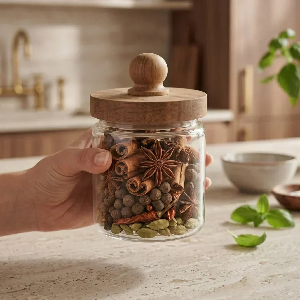 Glass Kitchen Canister with Wooden Cap – Stylish Storage Jar