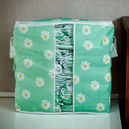 Green Floral Storage Bag – Ideal for Clothes, Blankets, Quilts & Bedding