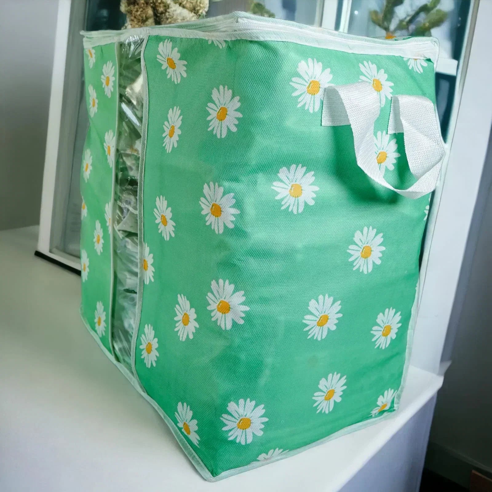 Green Floral Storage Bag – Ideal for Clothes, Blankets, Quilts & Bedding