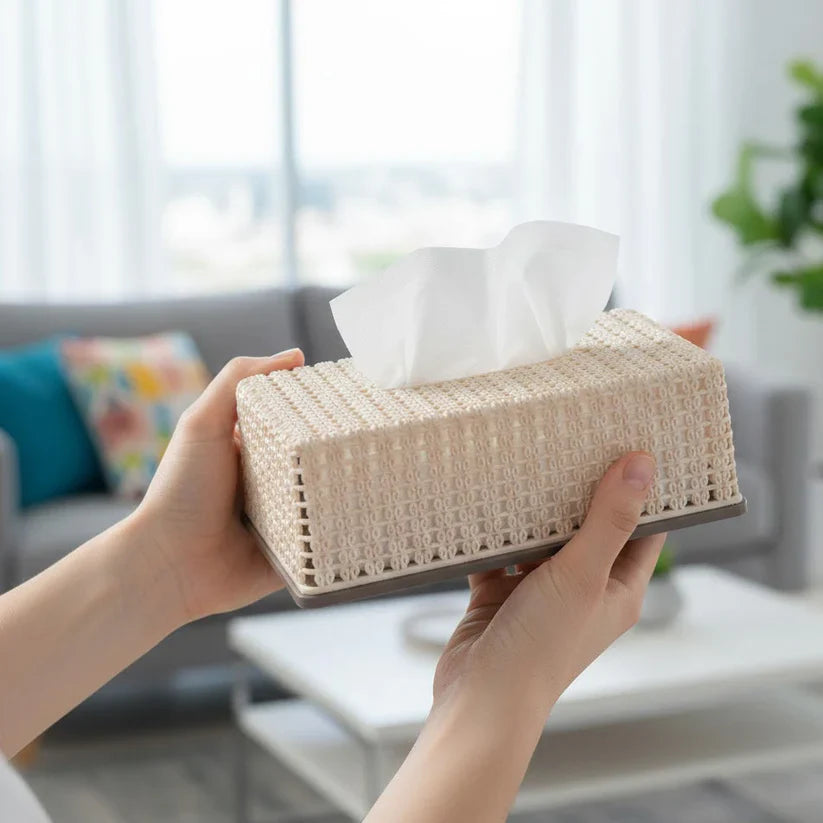 Elegant Knit Tissue Box Holder For Desk & Living Room