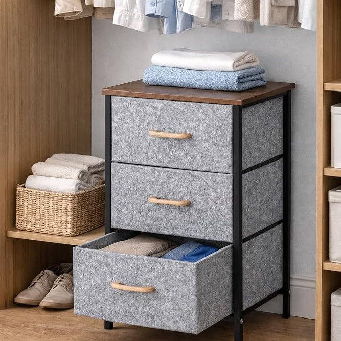 Modern 3 Drawer Fabric Storage Unit – Wood Top & Metal Frame