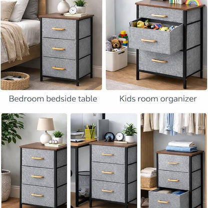 Modern 3 Drawer Fabric Storage Unit – Wood Top & Metal Frame