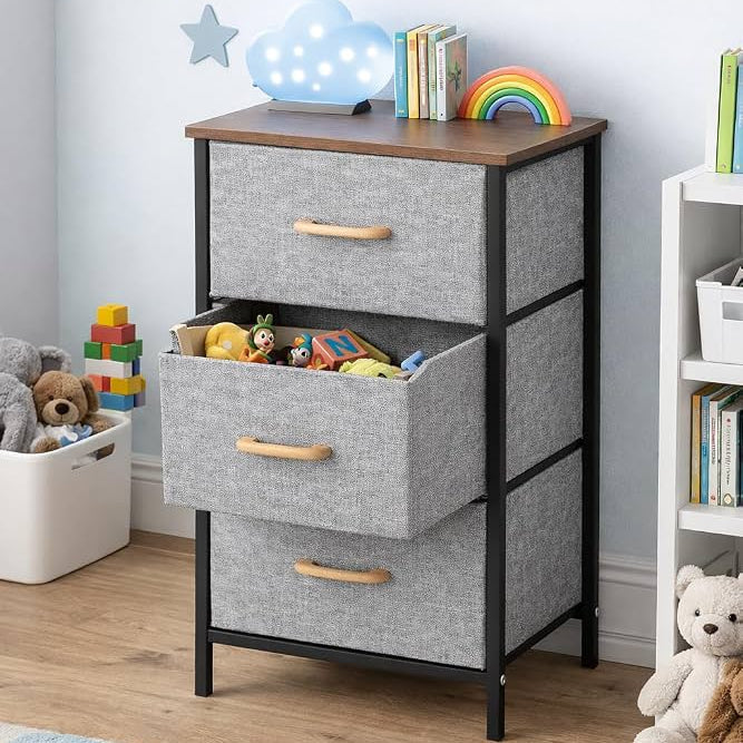 Modern 3 Drawer Fabric Storage Unit – Wood Top & Metal Frame