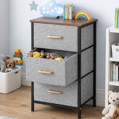 Modern 3 Drawer Fabric Storage Unit – Wood Top & Metal Frame