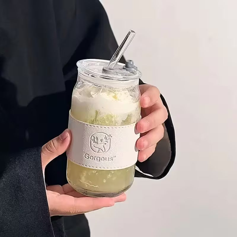 Reusable Glass Tumbler – Cold Drink Cup with Lid & Straw