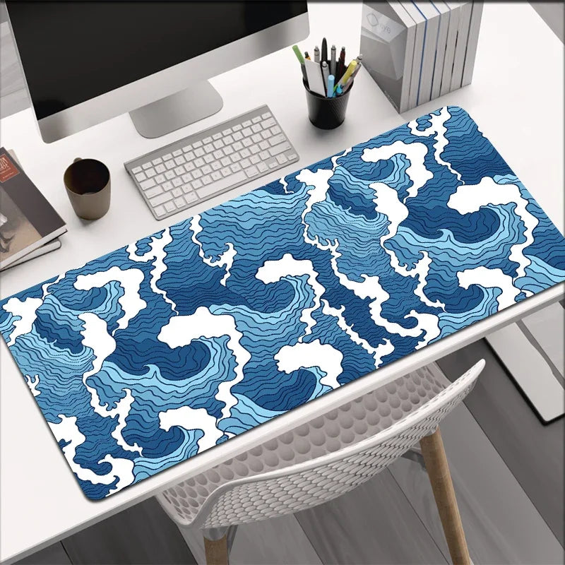 Blue Wave Pattern Desk Mat With Rubber Anti-Slip Base (35.4 x 15.7 In)