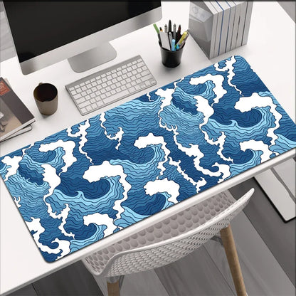 Blue Wave Pattern Desk Mat With Rubber Anti-Slip Base (35.4 x 15.7 In)