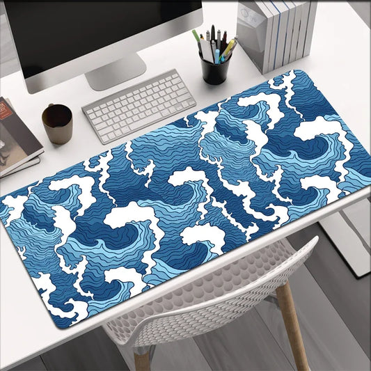 Blue Wave Pattern Desk Mat With Rubber Anti-Slip Base (35.4 x 15.7 In)