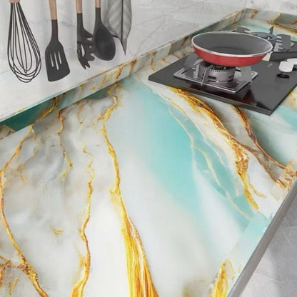 Self-Adhesive Teal and Gold Abstract Marble Sheet
