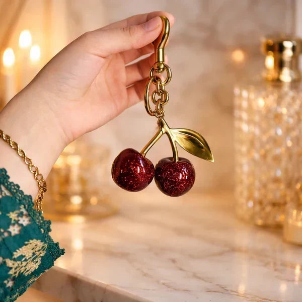 Sparkling Cherry Keychain Red Enamel With Gold Detailing 