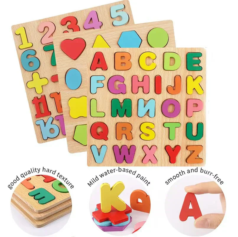 Wooden 3D Alphabet, Numbers & Shapes Learning Puzzle Board